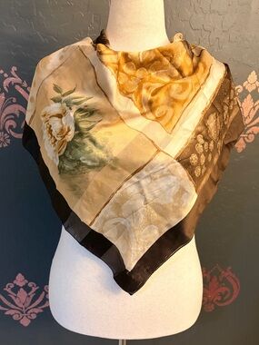 Elegant Floral Silk Scarf - Cream, Gold, Brown